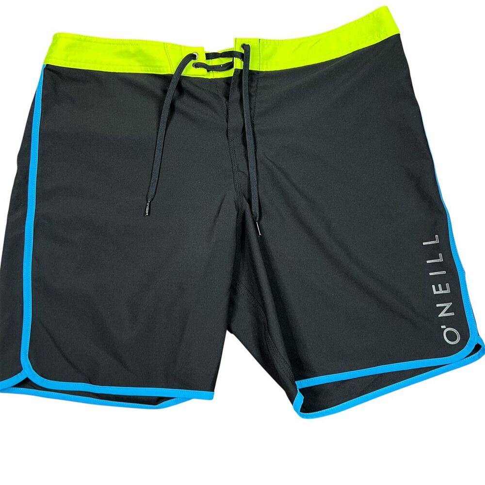 O'Neill Board Shorts Mens 38 Black Neon Yellow Blue Swim Surf Trunks Stretch
